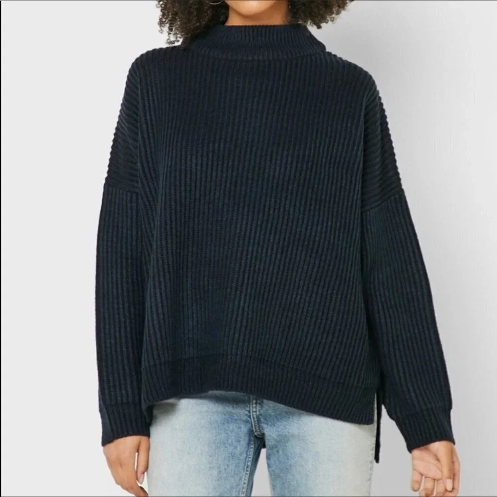 Topshop Mock Neck Sweater Navy Blue Ribbed Knit 12